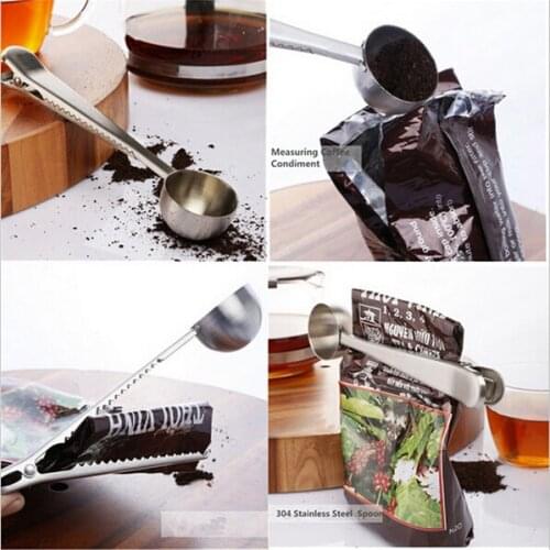 Silver Clip Coffee Scoop Kitchen Ice Cream Coffee Fruit Tools Stainless Steel Coffee Measuring Spoon With Bag Seal Clip