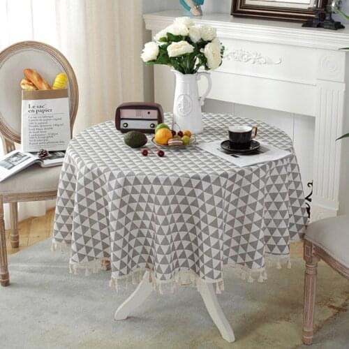 Grey Round Tablecloth Plaid Cotton And Linen Table Decoration Towel Tassel Style Pastoral Coffee Table Coffee Tablecloth 150CM
