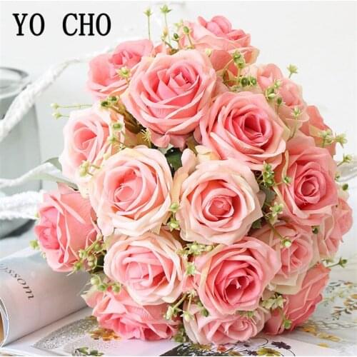 YO CHO 9 Heads Silk Artificial Flower Rose Faux Flower Rose for Home Hotel Office Wedding Party Garden Art Decor Fake Gypsophila