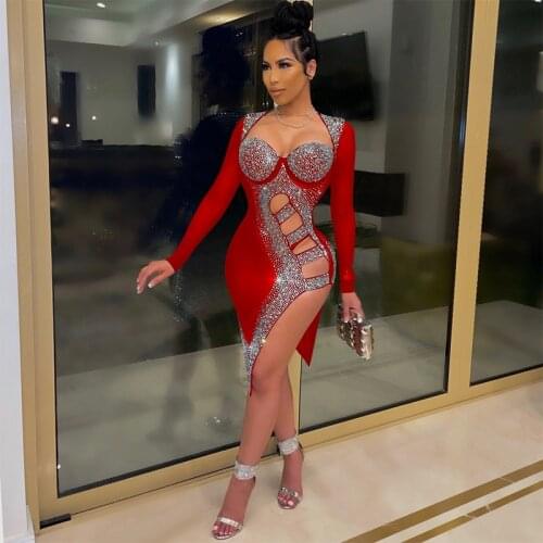 Womens Clothing Summer 2021 Fashion Diamond Perspective Night Club Dress Sexy Long Sleeve Hollow Out Split Evening Party