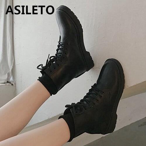 ASILETO Winter Women M Ankle Boots Strap Up PU Leather Square Heel Comfort Casual Shoes Platform Lady Black Warm Fur S2194