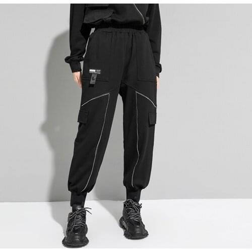 NYFS Solid Color Elastic Waist Patchwork Zipper Black Spring Summer New Casual Fashion All-Match Loose Woman Pants