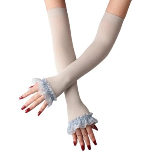 Women UV Protection Fingerless Driving Gloves Ruffles Lace Mesh Patchwork Arm Warmers Sleeves Sunscreen Solid Scar Cover