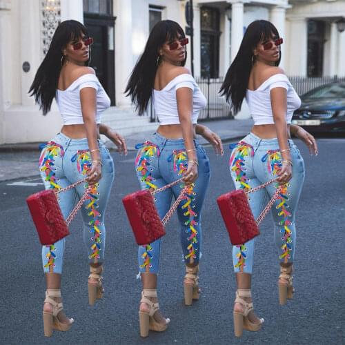 Wholesale Casual sexy High Waisted Ladies Ripped Bell Bottom Jeans Denim Jeans Women color cross-woven decoration