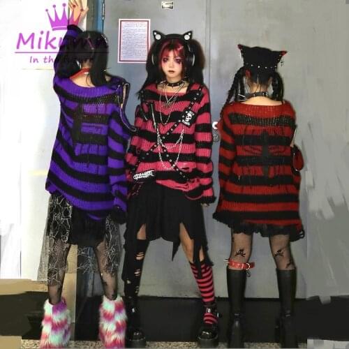 Gothic Punk Rock Metal Chain Spider Print Hollow Out Striped Knitted Sweater Chic Streetwear
