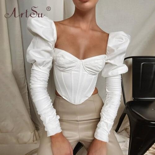ArtSu V-Neck Fashion Cropped Corset Women Top Blouse Shirts Elegant Puff Sleeve White Black Party Blusas Ladies Sexy Tops Autumn