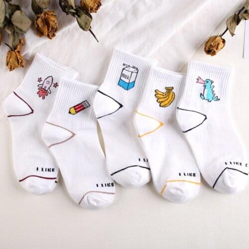 Girl Kawaii Milk Banana Dinosaur Pencil Rocket Cartoon Socks Novelty Illustration Letter White Cute Cotton Sokke Dropship