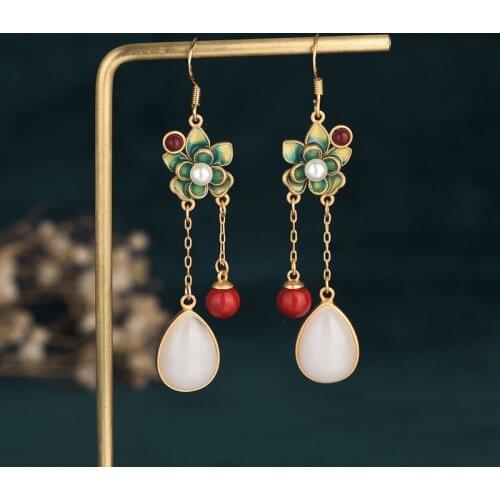 Luxury Women Earrings Jade Cloisonne Dangle Pearl Bead Earrings Hanfu Jewelry Lady Gift Chinese Mermaid Earrings