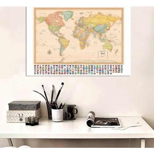 The World Political Map with National Flag Large Size 225*150cm Non-woven Canvas Painting Wall Retro Art Poster Home Decoration