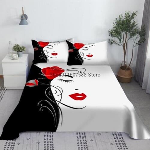 Sexy Woman With Red Lip Flowers Sheet Set Polyester Bed Flat Sheet With 2 Pillowcase Bed Linen For Kids Adults King Queen Size