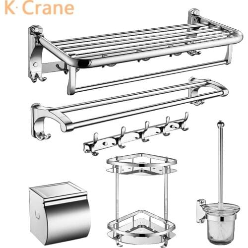 Stainless Steel Bathroom Accessories Set Wall Mount Towel Shelf Chrome Toilet Paper Box WC Toilet Brush Holder Folding Rack Hook