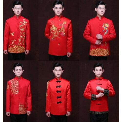 Long Sleeve Red Chinese Traditional Bridegroom Tops Ancient Tang Costume Embroidery Dragon Toast Clothing Chinese Tunic Suit 90