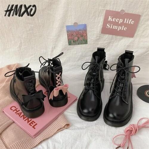 HMXO Cute Sweet Pink Bow Tie Martin Boots Female Student Short Boots British Retro Flat Thick Bottom All-match Leather Shoes