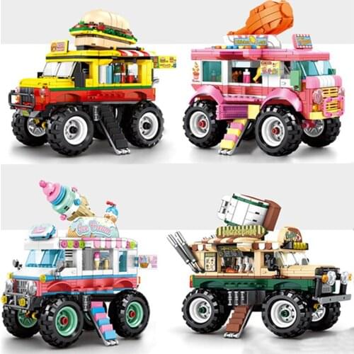 City Car Diy Model City Street View Small Size Assembled Ice Cream Dining Car Building Blocks Bricks Children Toys for Kid Girl