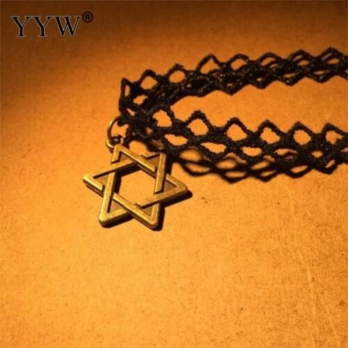 Fashion Choker Necklace Lace With Zinc Alloy With Star Of David Antique Bronze Color Plated Pendants Choker for Women