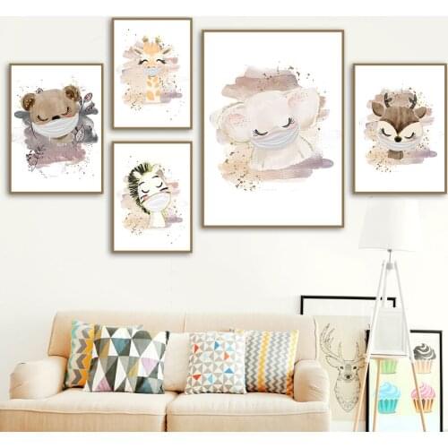 Cartoon Elephant Giraffe Bear Zebra Face mask Wall Art Canvas Painting Nordic Posters And Prints Wall Pictures Kids Room Decor