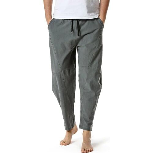 2021 Mens Linen Cotton Loose Casual Elastic Pants Korean Mens Small Feet Home Pants Pure Color Long Pants