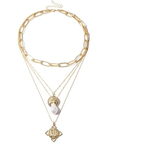 New arrival jewelry personality geometric exaggeration chain multi-layer embossed portrait pearl necklace