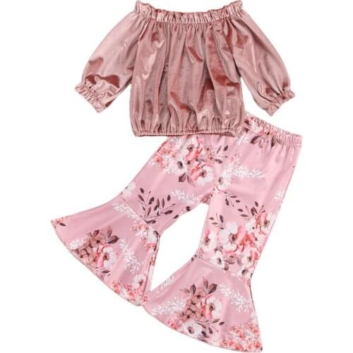 Autunm Spring Kids Girls Outfits Set 2Pcs Infant Outfits Toddler Long Sleeve Off shoulder Top + Floral Print Flared Trousers
