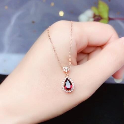 Simple small water drop Natural red garnet gem Necklace Natural gemstone Pendant Necklace 925 sliver girl party gift Jewelry