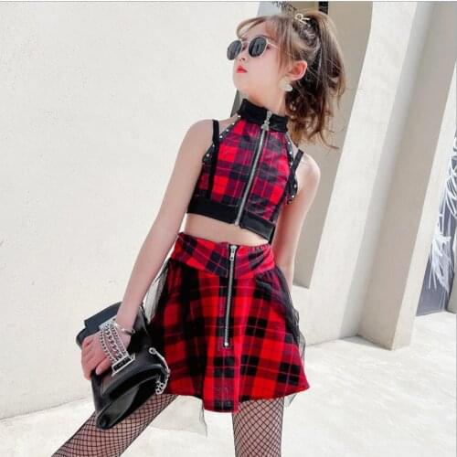 Baby girl hip hop plaid sets 2021 summer new sleeve hot selling suits children mesh patchwork sets 2-12 years wz140