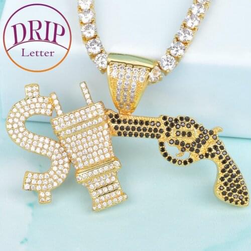 Dollar Sign Plug With Gun Pendant Iced Necklace Charm Gold Color Cubic Zircon Mens Hip Hop Jewelry For Gift