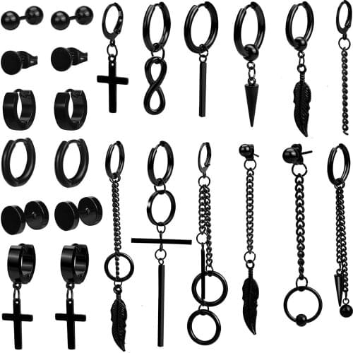 24 Pcs Black Earrings for Men Black Stud Earrings Mens Earrings Stainless Steel Dangle Hoop Earrings Fashion Jewelry Piercing