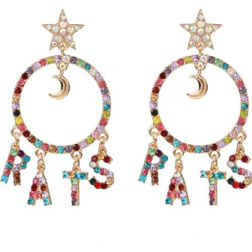 Fashion Colorful Letter Big Circle Drop Earrings Women Luxury Rhinestone Big Dangle Earring Jewelry Geometric Statement Earrings