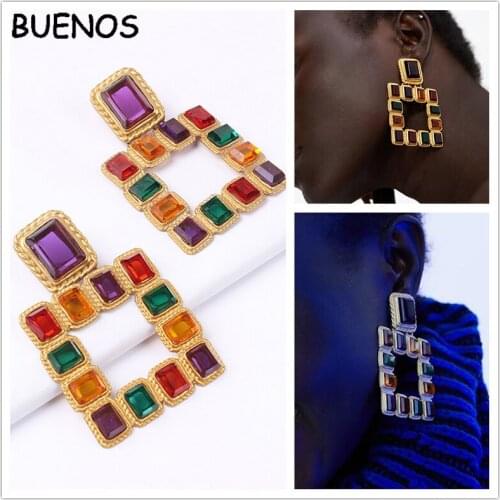 BUENOS New Luxury Vintage Crystal Dangle Earrings For Women Fashion Geometric Statement Drop Earrings Female earring Jewelry