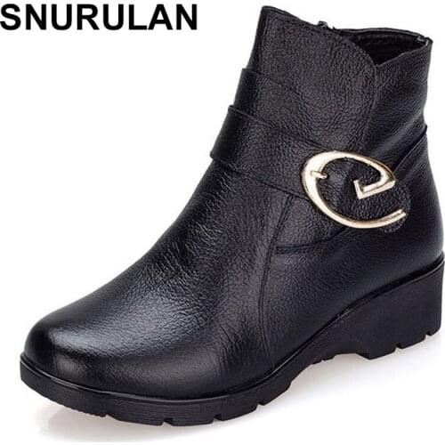 SNURULAN 2017 Winter Shoes Woman Genuine Leather Snow Boots New Fashion Casual Wedges Ankle Boots Women Warm Shoes Women Boots