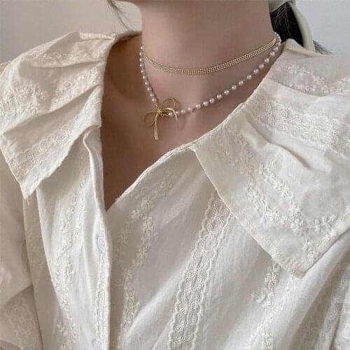 U-Magical Luxury Vintage Double Layer Simulation Pearl Bowknot Chokers for Women Beaded Gold Metallic Necklace Jewellery