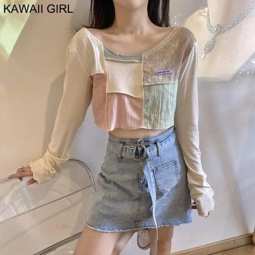 WomenS Strapless Stitching T Shirt Summer Sunscreen Top Sweet Cute Girl Kawaii Long-Sleeved Tee Shirt 2020 Fall Short T-Shirts