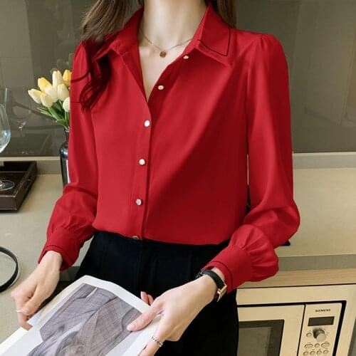 Womens Shirt Chiffon Blouses for Women Solid Long Sleeve Top Womens Button Up Shirts Red Polo Neck Top Female 2021 Basic Shirt