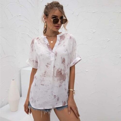 Vintage Print V Neck Short Sleeve Chiffon Shirt Women Summer Loose Streetwear Plus Size Pullover Tops Office Lady Tees