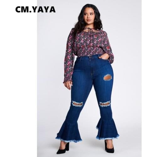 CM.YAYA Women Streetwear Plus Size XL-5XL Ruffle Flare Denim Pants Retro Sexy Jeans Skinny Hole Trousers Elegant Lady Jean Pants