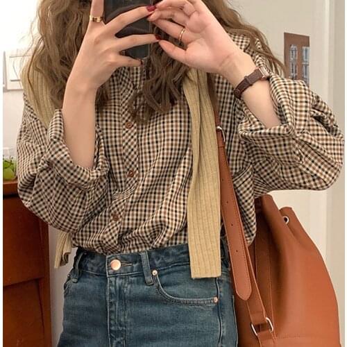 Plaid Shirts Women Elegant Basic Classic Turn Down Collar Retro Loose Office Lady Korean Long Sleeve Blouse Femme Tops