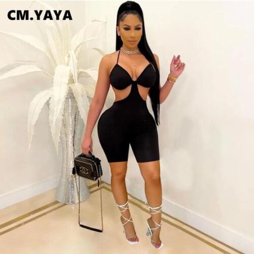 CM.YAYA Women Playsuit Solid Strap Halter Bandage Hollow Out Sheath Elastic Bodycon Playsuits Sexy Night Club Summer Outfit 2021