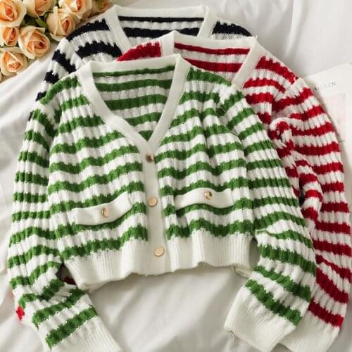 New Women Cardigan 2021 V Neck Striped Loose Knitted Sweater Tops Autumn Long Sleeve Single Breasted Short Outwear