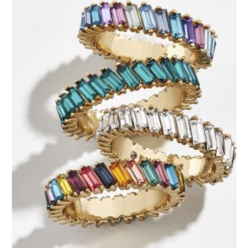 Boho Female Big Crystal Zircon Stone Ring Luxury Gold Rainbow Color Baguette Statement Wedding Rings Bohemian Fashion Jewelry