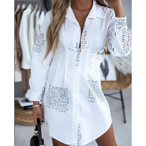 2021 New Style Women Button Down Shirt Dress Ladies Summer Spring Casual Long Sleeve Letter Print V-Neck Long Blouse