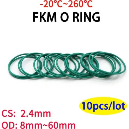 10pcs CS 2.4mm OD 8~60 mm Green FKM Fluorine Rubber O Ring Sealing Gasket Insulation Oil High Temperature Resistance Green