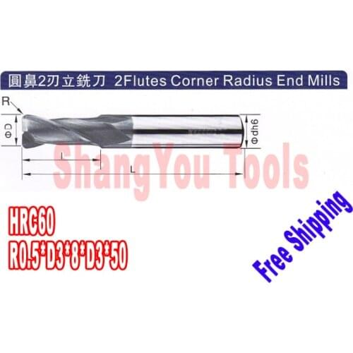 6pcs 3mm hrc60 R0.5*D3*8*D3*50 2 Flutes Milling tools Mill cutter Carbide Corner Radius End Mill CNC router bits