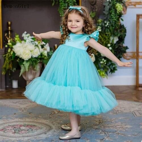 Custom Baby Girls Dresses Tutu O Neck Tea Length Satin Tulle Flower Girl Dress Kids Christening Gown