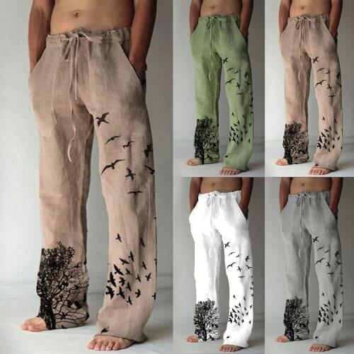 Mens Casual Tree&Bird Print Full Length Pants Pocket Drawstring Trousers Cotton Straight Fashion Midweight Broadcloth Pants