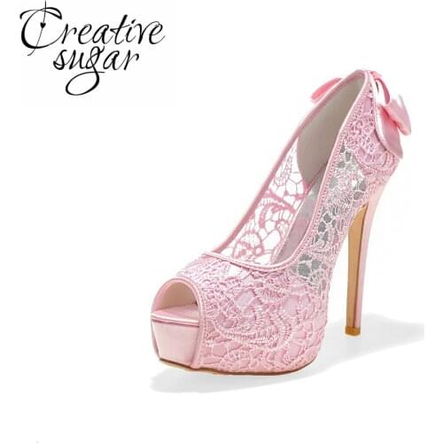 Creativesugar Sexy see through lace perspective high heel platform open toe shoes summer bow pumps pink black white ivory