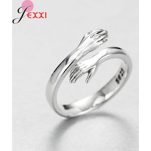 Women Girls Hand 925 Sterling Silver Resizable Rings Hug Gesture Rings For Lovers Birthday Jewelry Girls