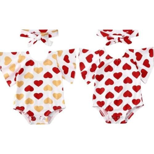Newborn Baby Girls My Valentines Day Romper Jumpsuit Bodysuit Headband Outfits Summer Flare Sleeve Playsuit Heart Love Headband