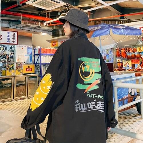 Mens Casual Oversize Denim Jacket Graphic Printed Woman 2021 Spring New Hooded Coat Korean Streetwear Male Hip HopJackets