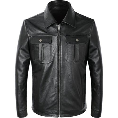 Mens Genuine Jacket Black Real Leather Trucker Coat Men Casual Cowhide Short Style Biker Jackets