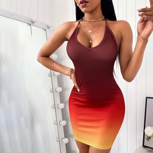 Summer Ladies Casual U Neck Sleeveless Colorblock Backless Tight Red Mini Sundresses Bodycon Halter Sexy Robes Womens Dresses